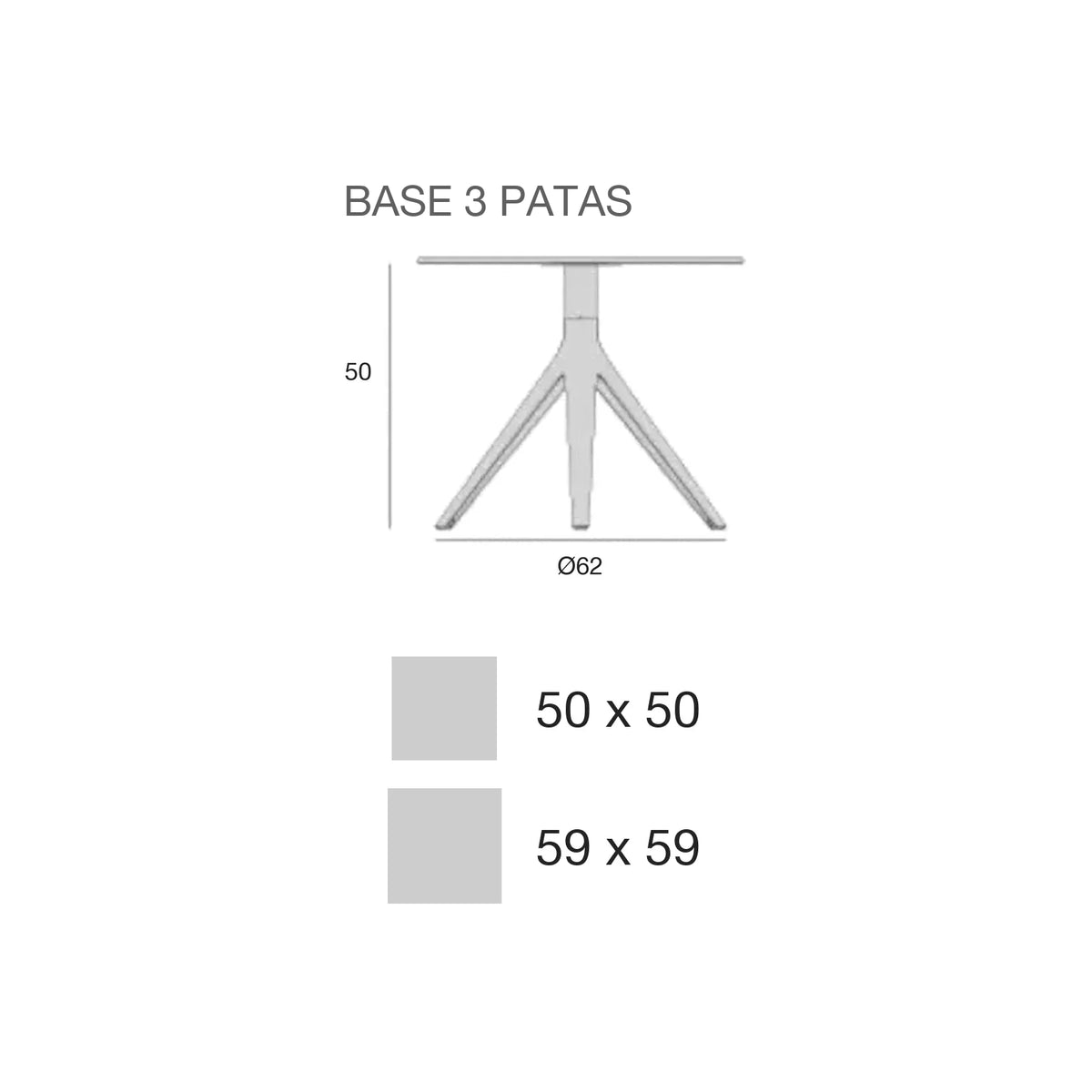 Plano con medidas de la mesa auxiliar Mari-Sol Vondom, cuadrada