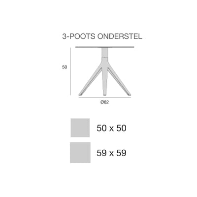 Maattekening Bijzettafel - Mari-Sol Vierkant 3-poots met vast blad
