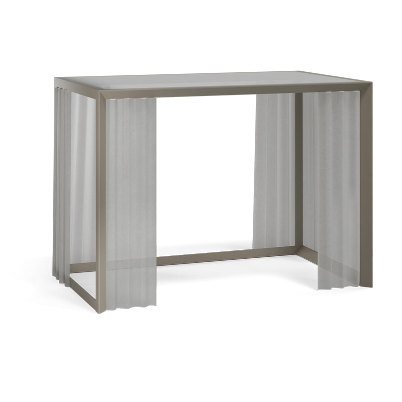 Pergola Vela pavillon 305 cm, ossature taupe et rideaux, vue d'ensemble