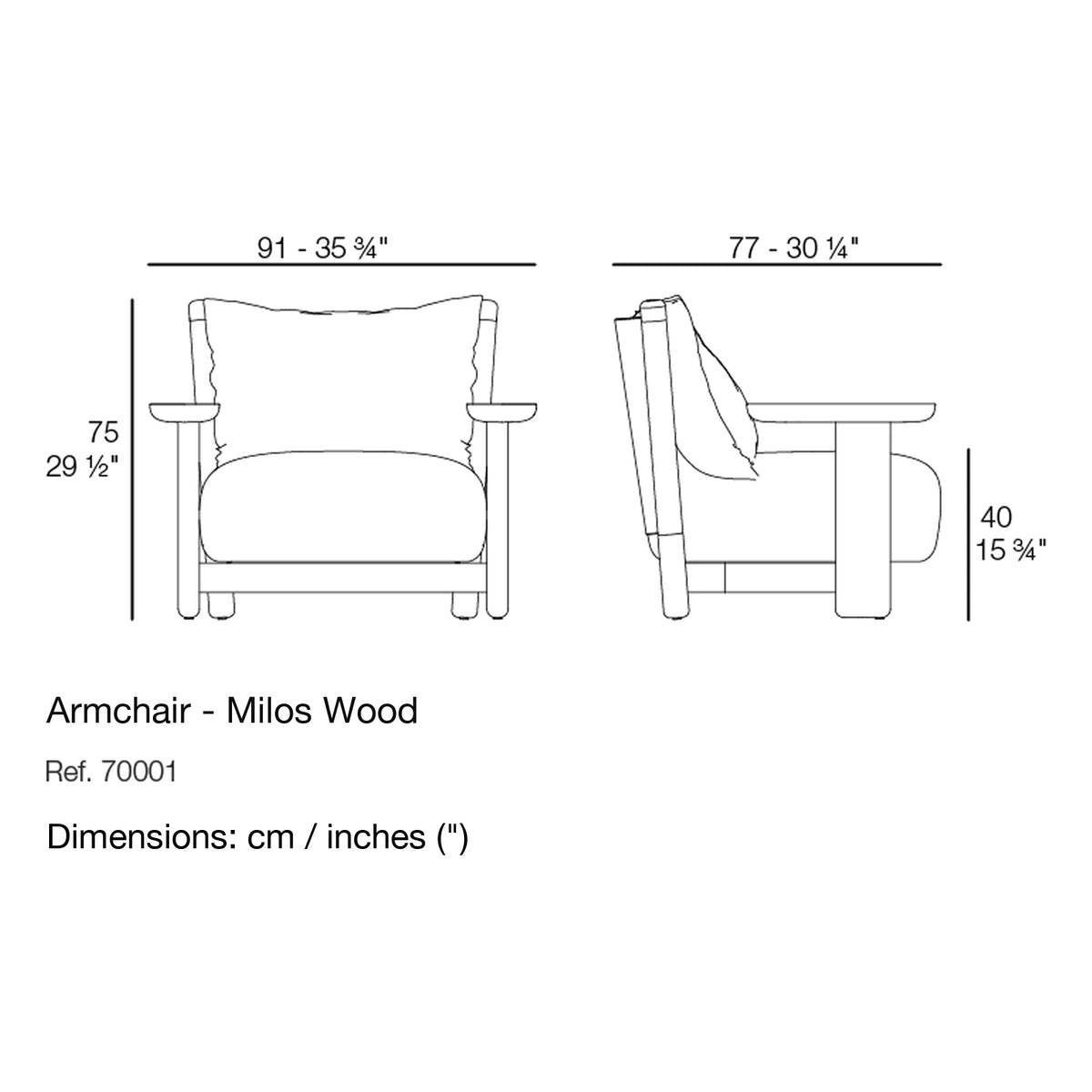 Dimension drawing Armchair - Milos Wood