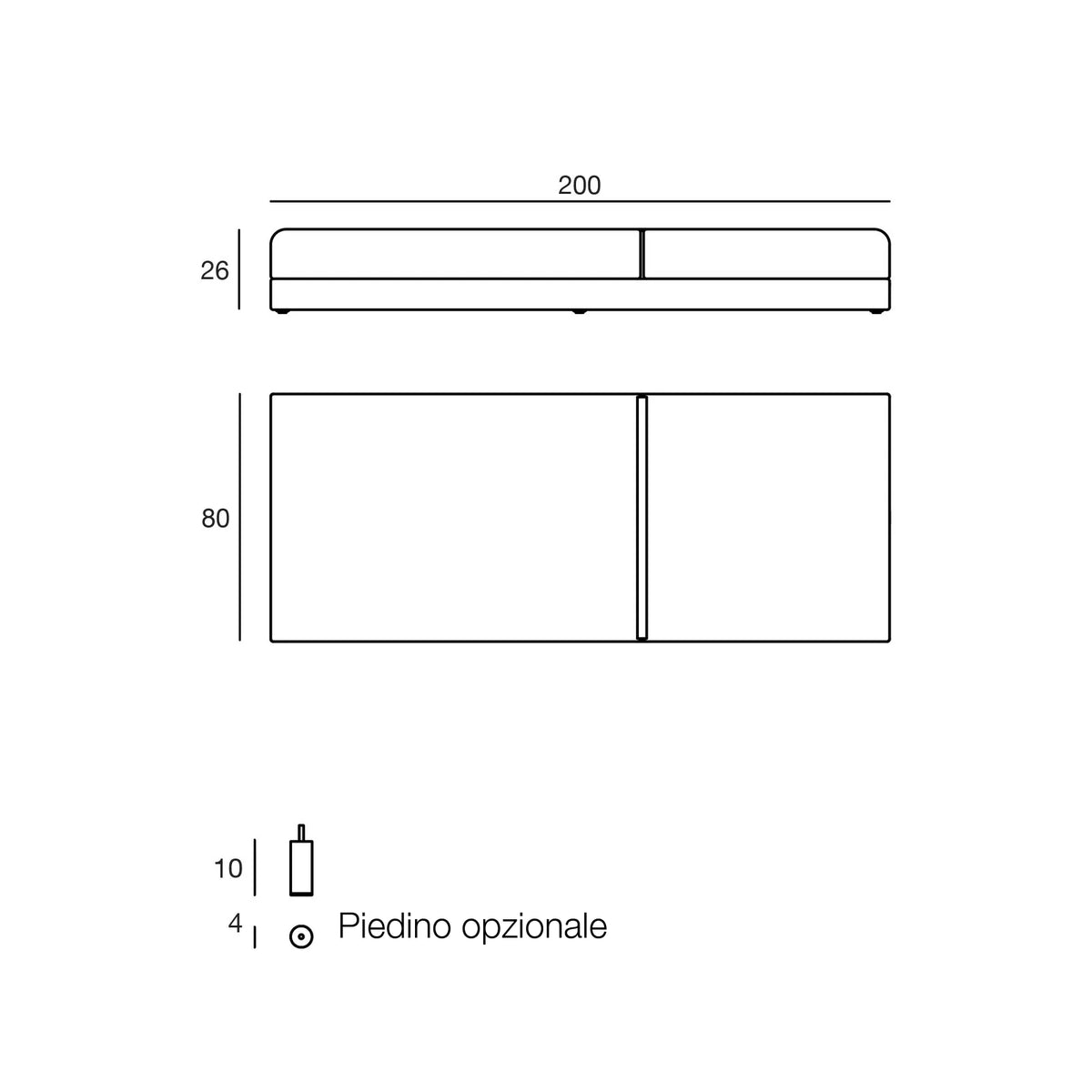 Disegno quotato del lettino prendisole Pixel Vondom, piedino opzionale