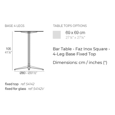 Dimension drawing Bar Table - Faz Inox Square - 4-Leg Base Fixed Top
