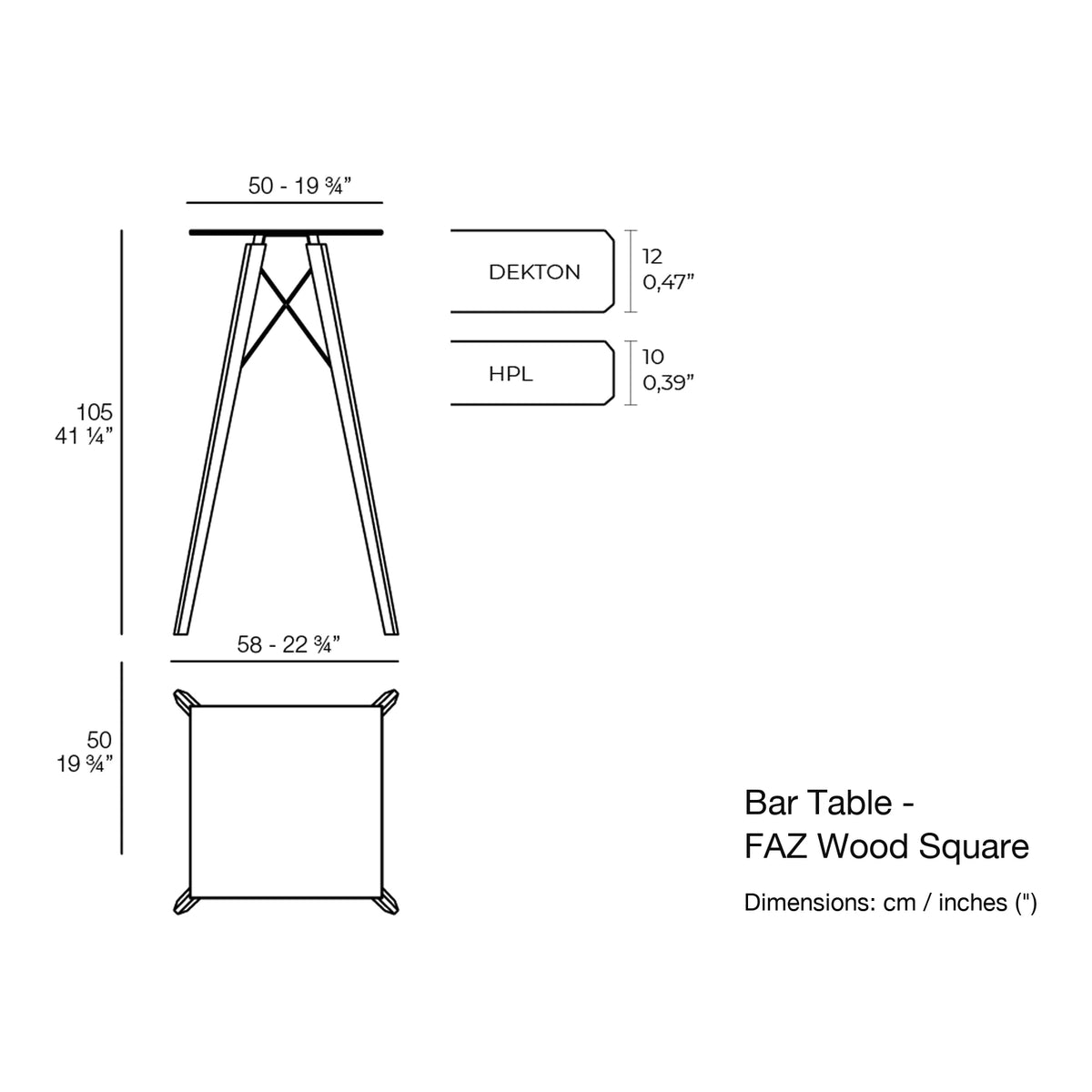 Dimension drawing Bar Table - FAZ Wood Square