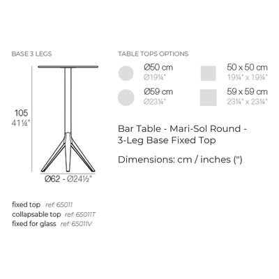 Dimension drawing Bar Table - Mari-Sol Round - 3-Leg Base Fixed Top