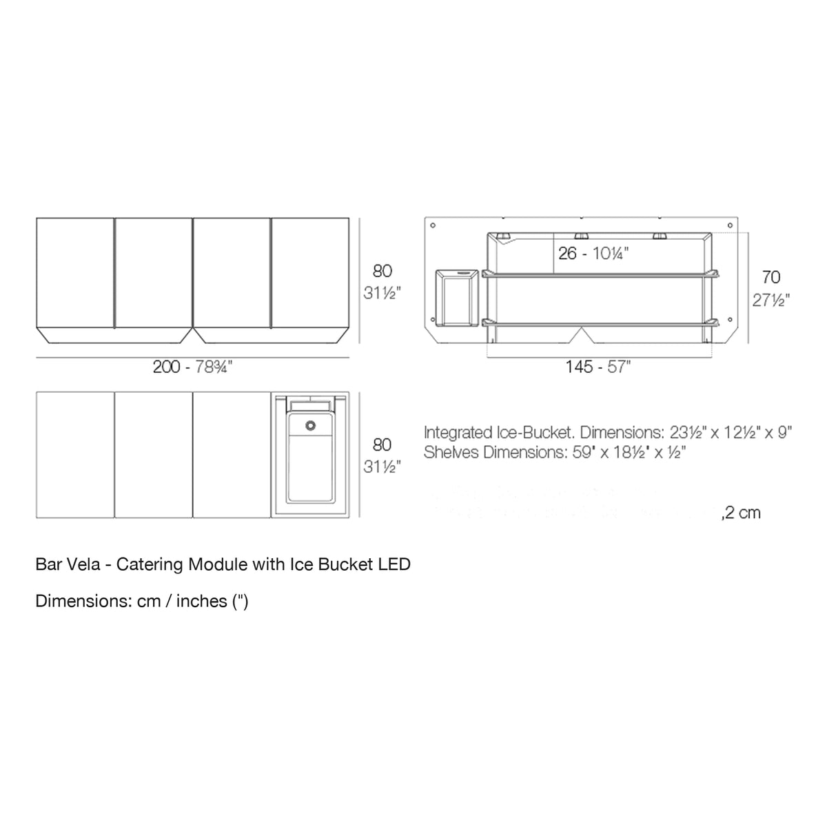 Dimension drawing Bar Vela - Catering Module with Ice Bucket LED