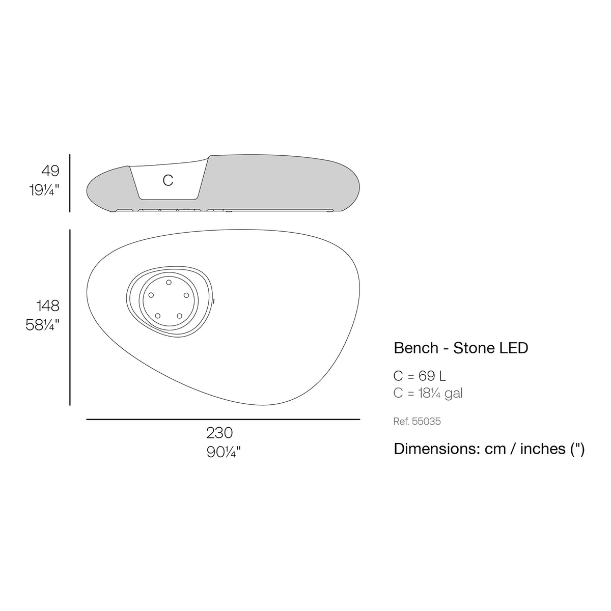 Dimension drawing Bench - Stone LED