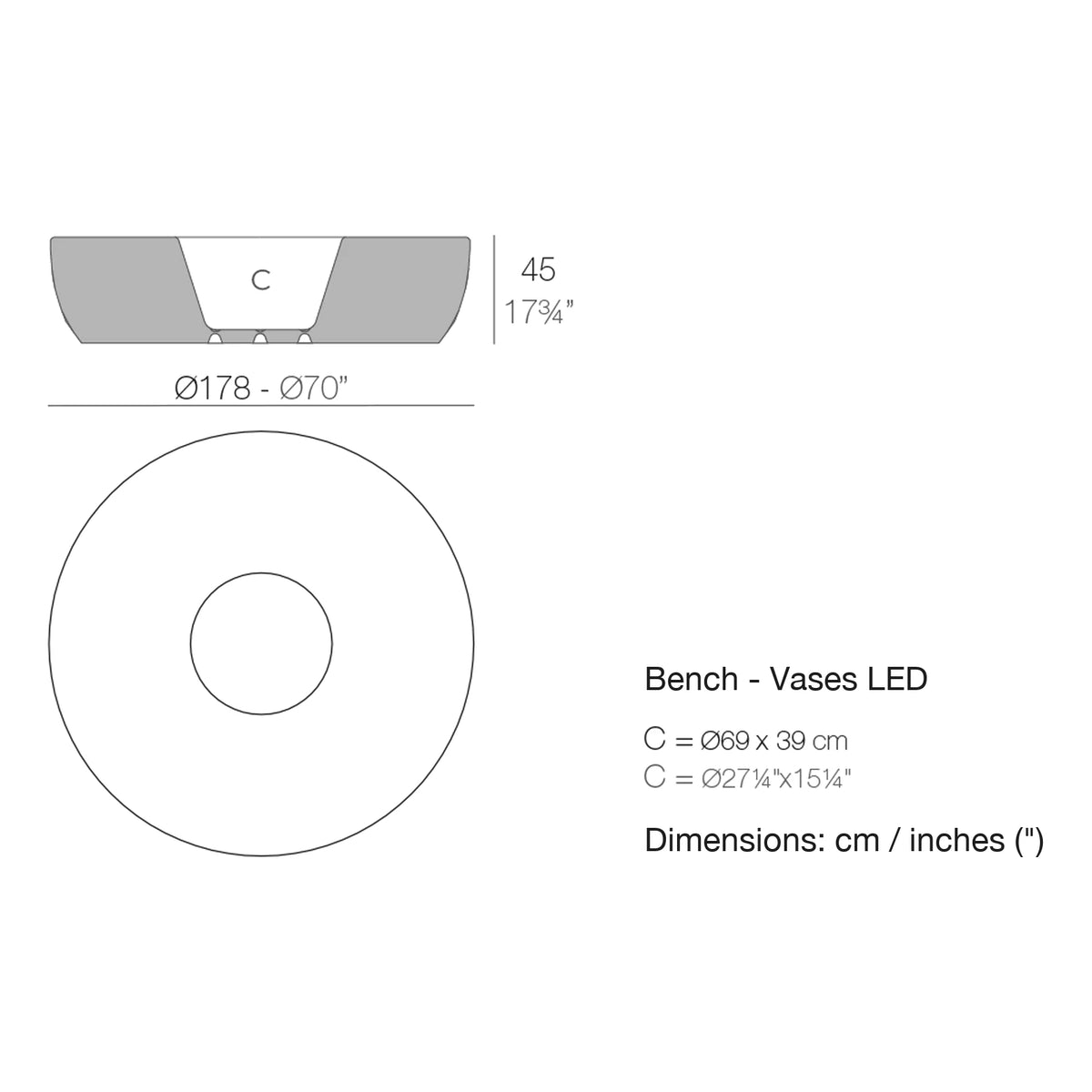 Dimension drawing Bench - Vases LED