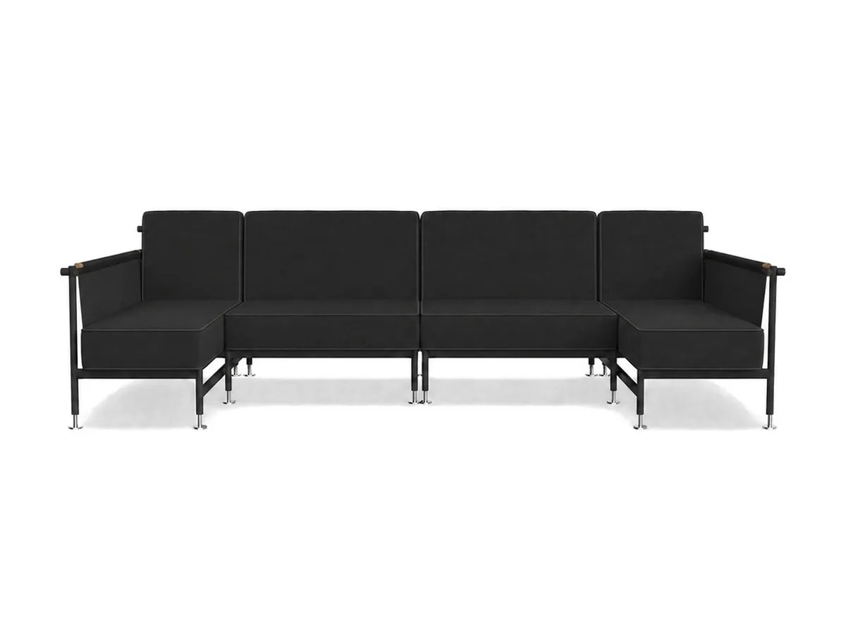 Canapé modulable d'extérieur Hamptons, 4 places et 2 méridiennes, structure, toiles et coussins coloris noir