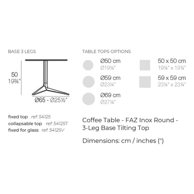 Dimension drawing Coffee Table - FAZ Inox Round - 3-Leg Base Tilting Top