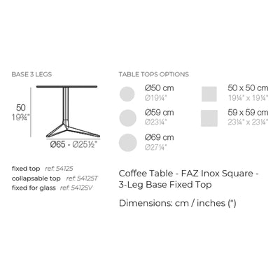 Dimension drawing Coffee Table - FAZ Inox Square - 3-Leg Base Fixed Top