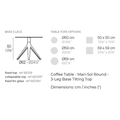 Dimension drawing Coffee Table - Mari-Sol Round - 3-Leg Base Tilting Top