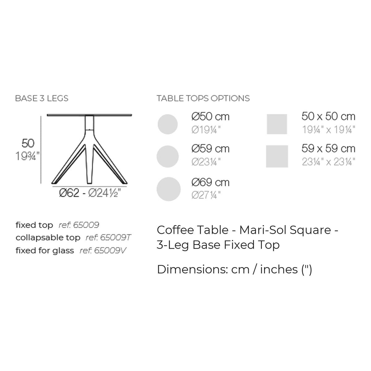 Dimension drawing Coffee Table - Mari-Sol Square - 3-Leg Base Fixed Top