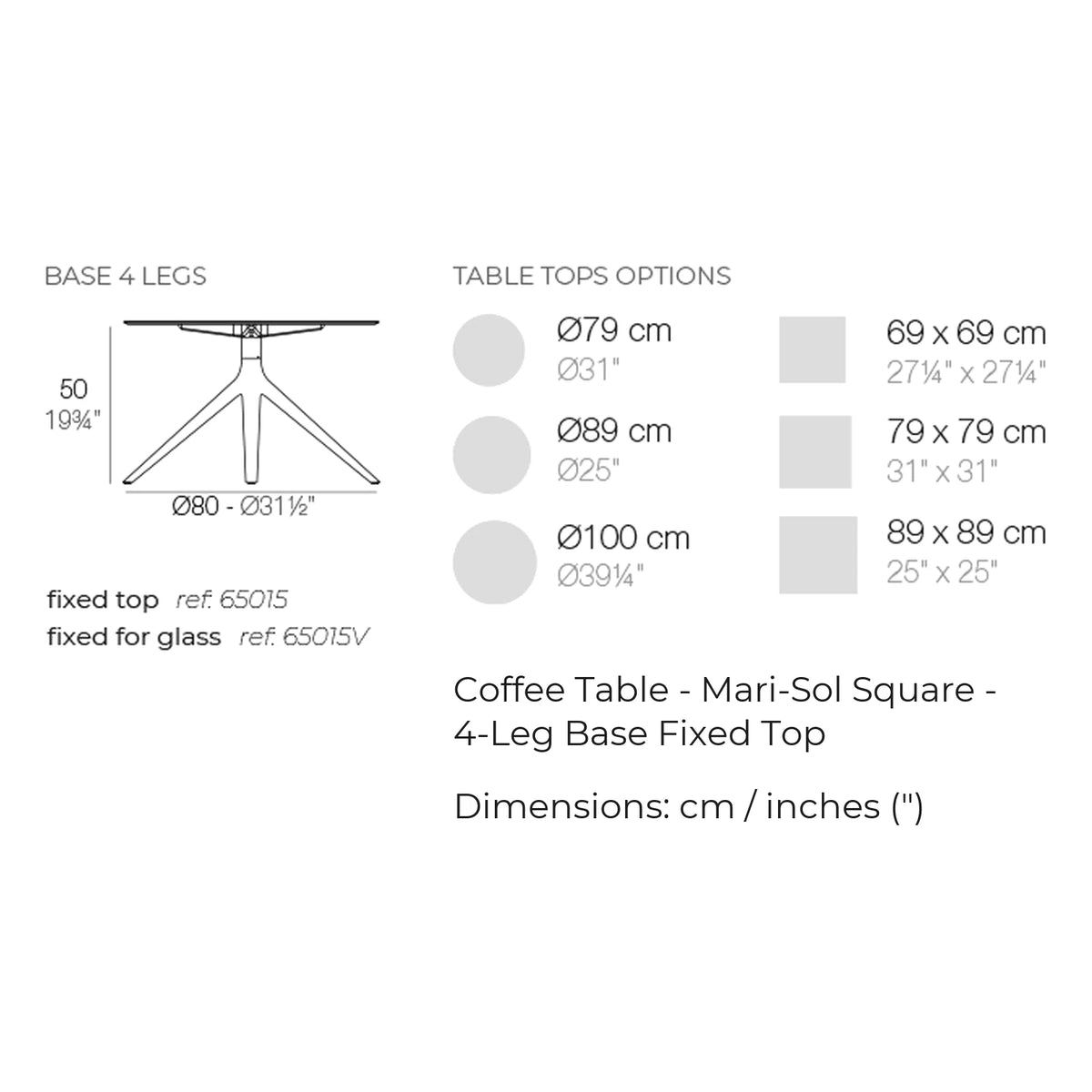 Dimension drawing Coffee Table - Mari-Sol Square - 4-Leg Base Fixed Top
