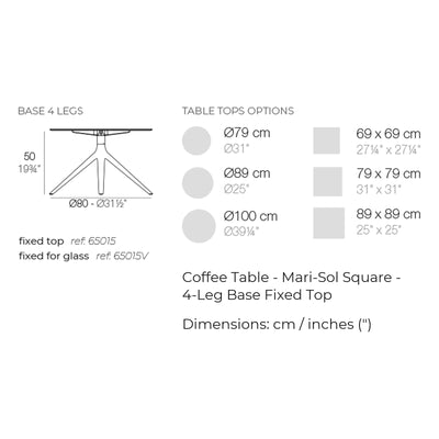 Dimension drawing Coffee Table - Mari-Sol Square - 4-Leg Base Fixed Top