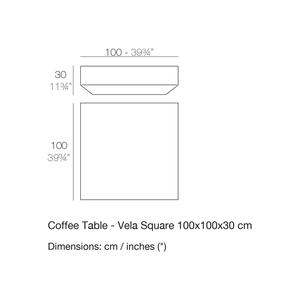 Dimension drawing Coffee Table - Vela Square 100x100x30 cm