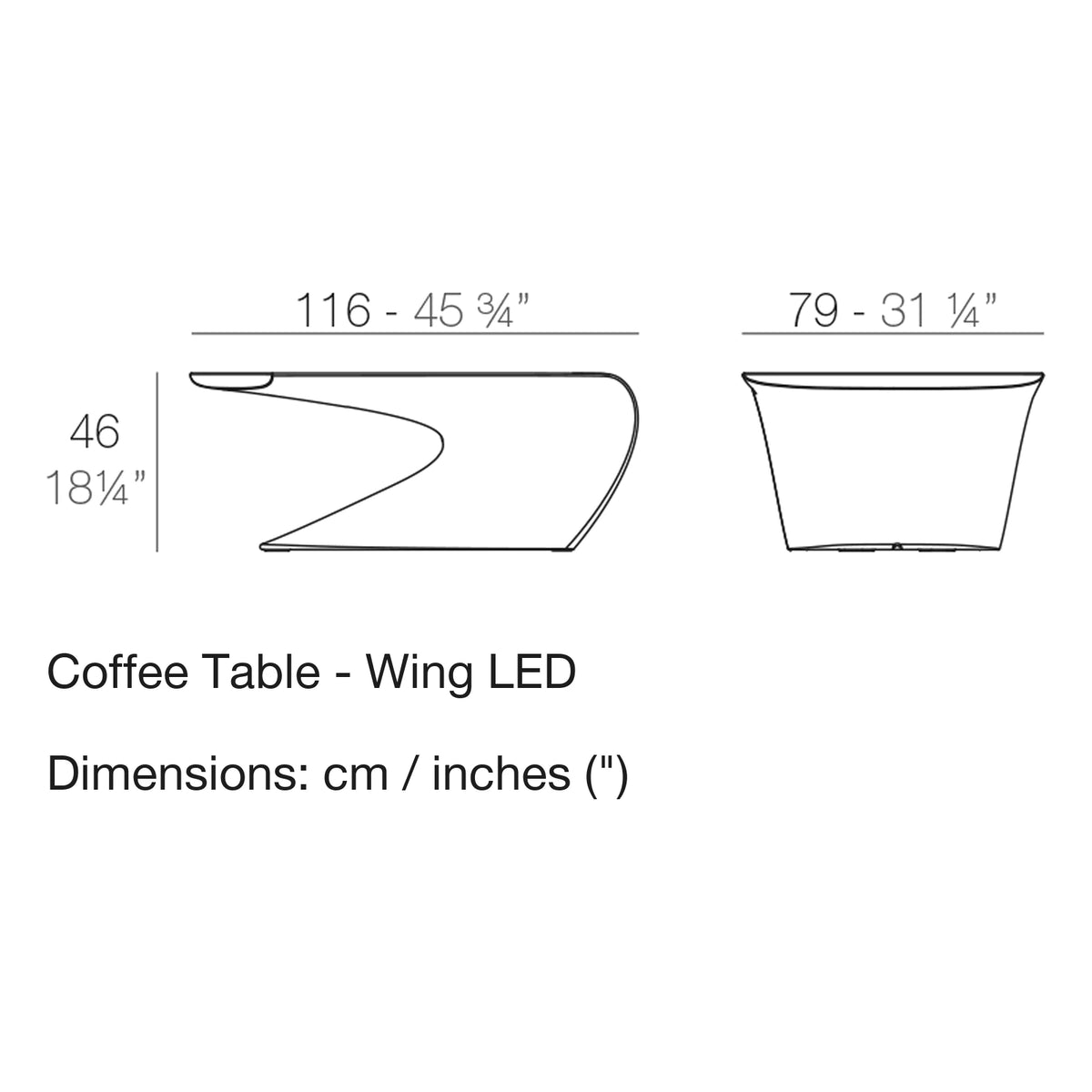 Dimension drawing Coffee Table - Wing LED