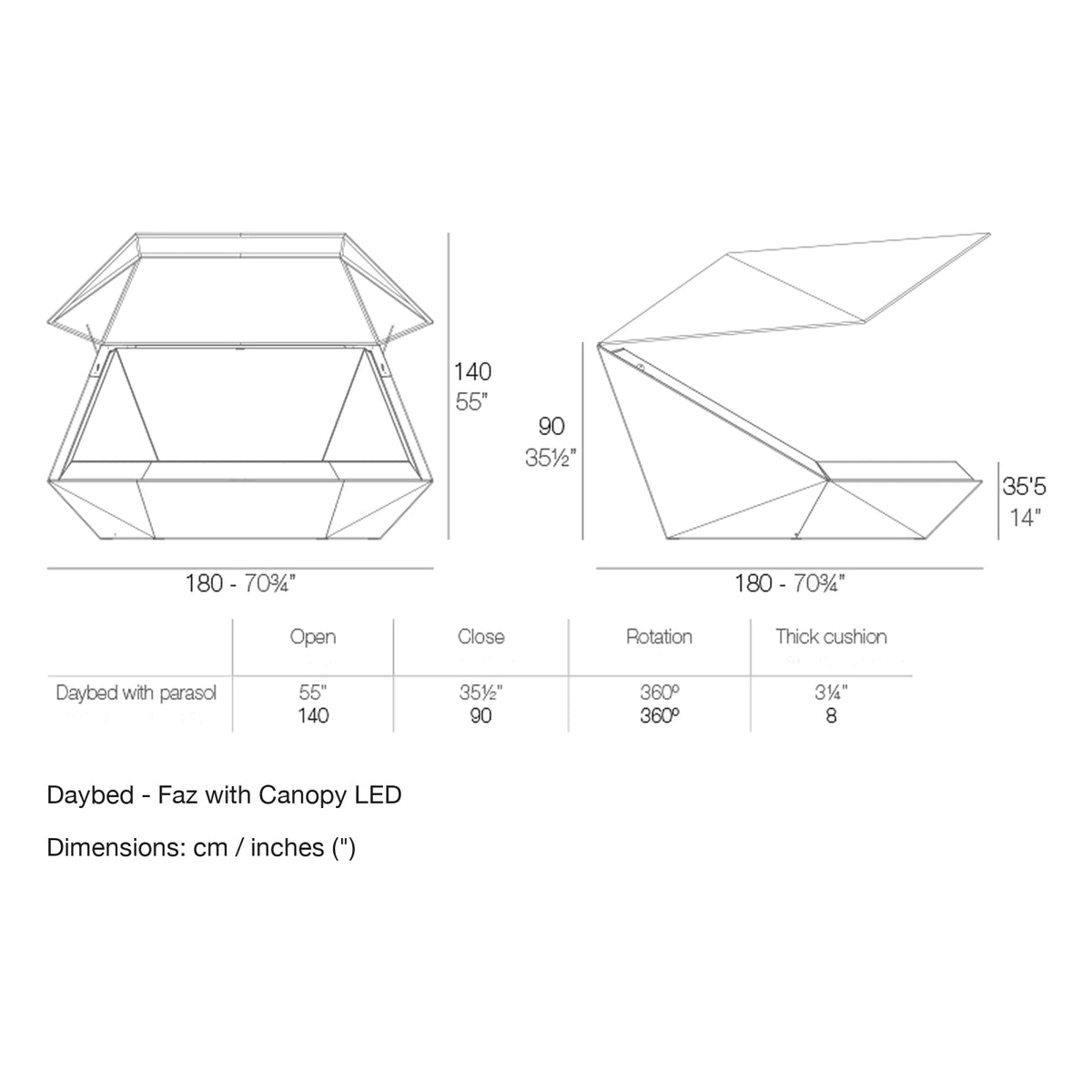 Dimension drawing Daybed - Faz with Canopy LED