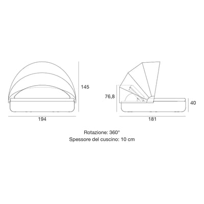 Disegno quotato del daybed ULM Vondom, reclinabile con tettuccio