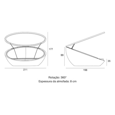 Desenho com medidas da cama de exterior ULM Vondom, com cobertura LED