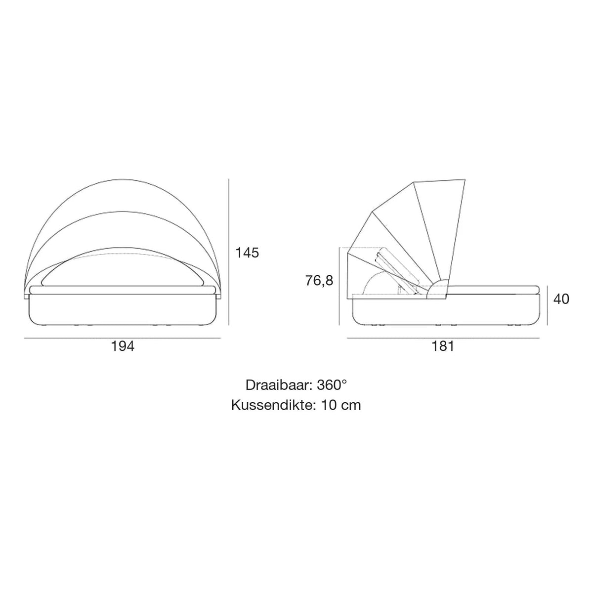 Maattekening Daybed - ULM Verstelbaar met dak LED