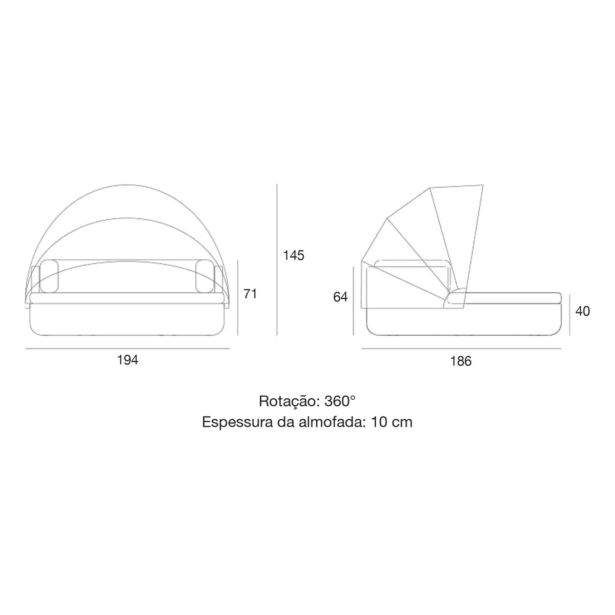 Desenho com medidas da cama de exterior ULM Vondom, com encosto e cobertura LED
