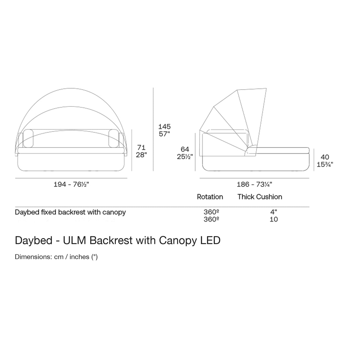 Dimension drawing Daybed - ULM Backrest with Canopy LED