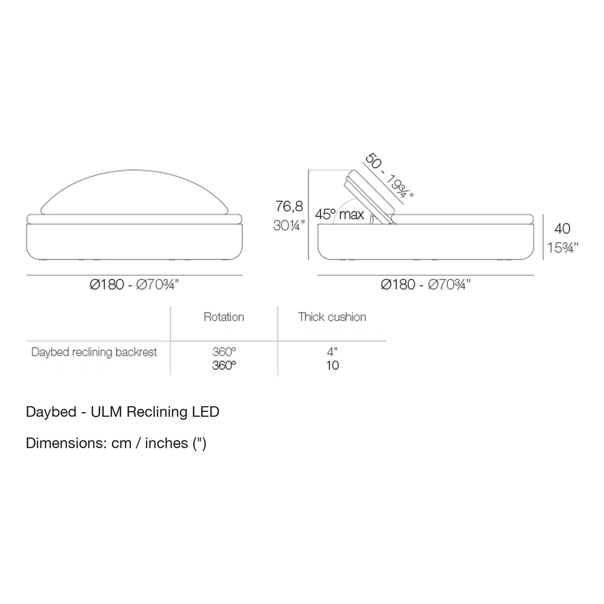 Dimension drawing Daybed - ULM Reclining LED