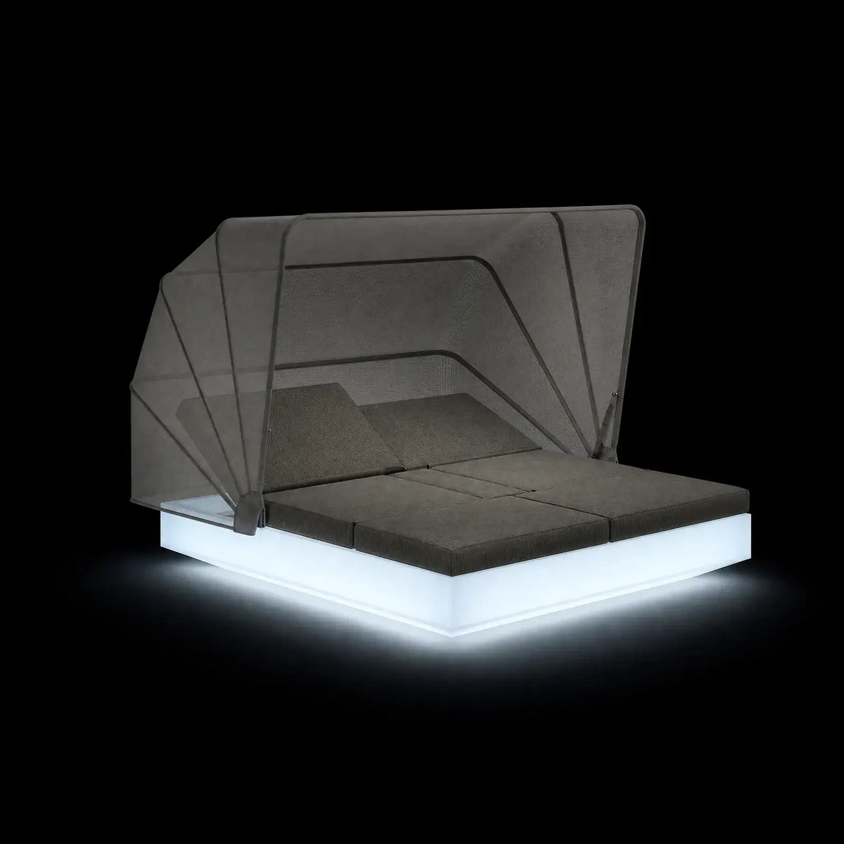 Daybed Vela Inclinable 4 avec Auvent LED Vondom, éclairé de l'intérieur sur fond noir
