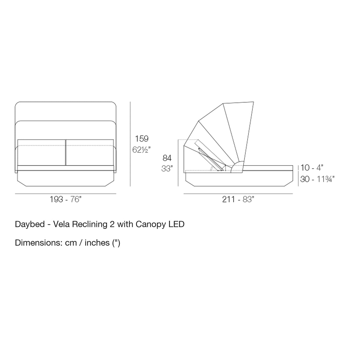 Dimension drawing Daybed - Vela Reclining 2 with Canopy LED