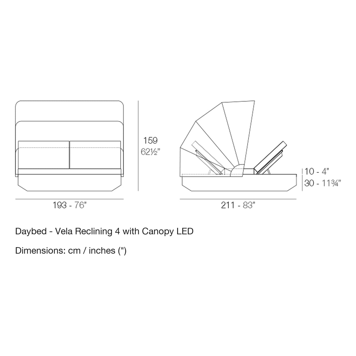 Dimension drawing Daybed - Vela Reclining 4 with Canopy LED
