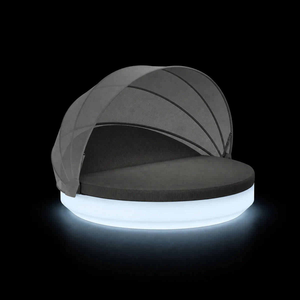 Daybed Vela Rond Inclinable avec Auvent LED Vondom, éclairé de l'intérieur sur fond noir