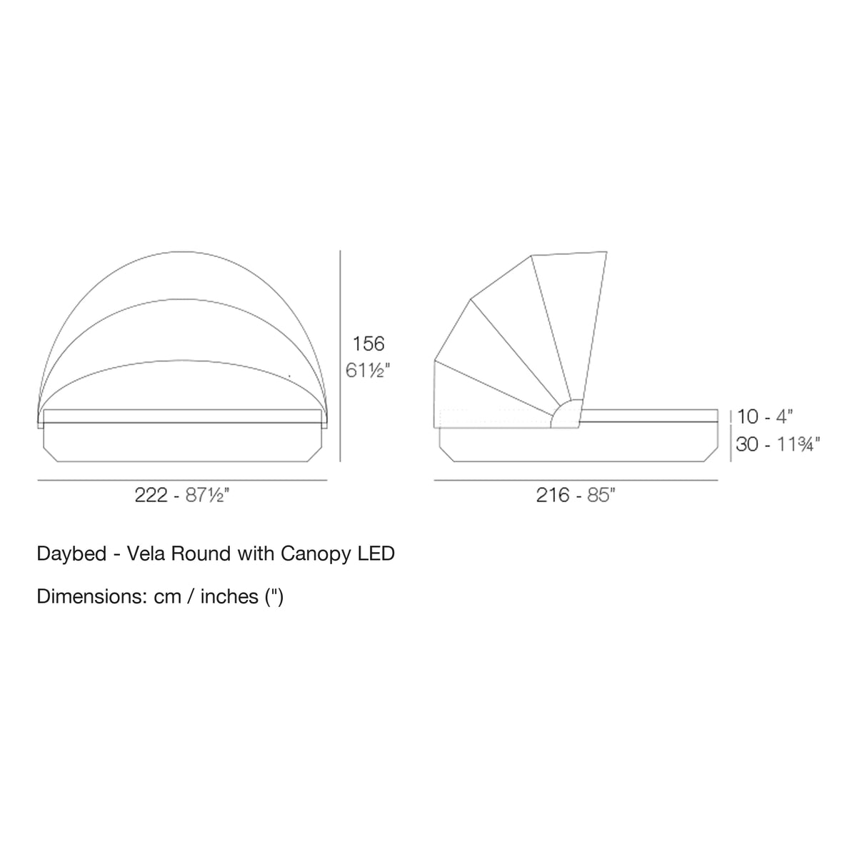 Dimension drawing Daybed - Vela Round with Canopy LED