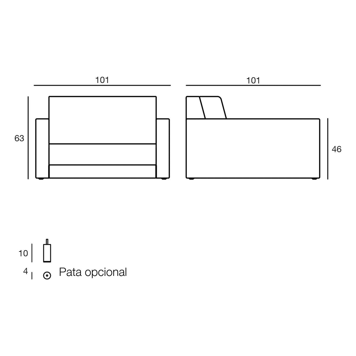 Plano con medidas del sillón Pixel Vondom, pata opcional