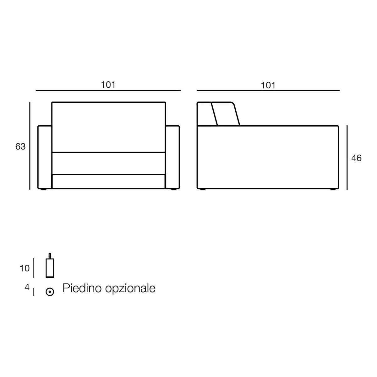 Disegno quotato della poltrona Pixel Vondom, piedino opzionale