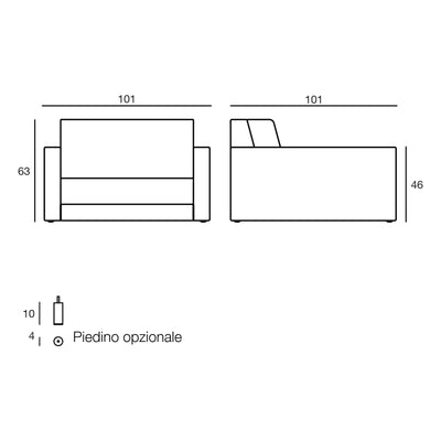 Disegno quotato della poltrona Pixel Vondom, piedino opzionale