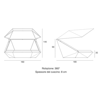 Disegno quotato del daybed Faz Vondom, con tettuccio LED