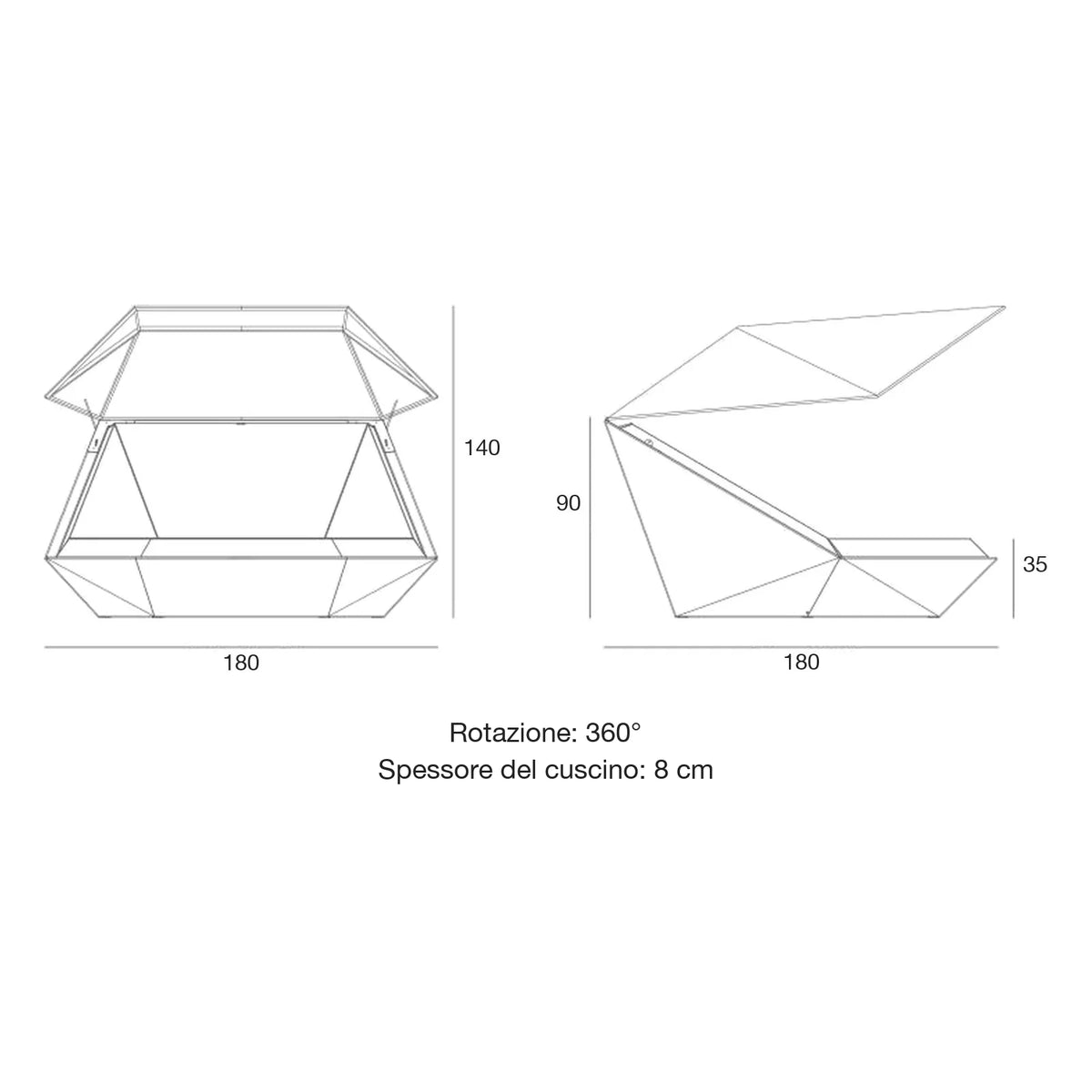 Disegno quotato del daybed Faz Vondom, con tettuccio