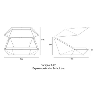 Desenho com medidas da cama de exterior Faz Vondom, com cobertura