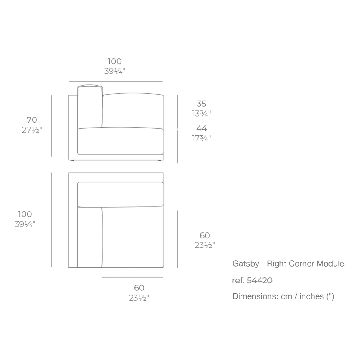 Dimension drawing Gatsby - Right Corner Module