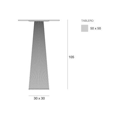 Plano con medidas de la mesa alta Gatsby Vondom, cuadrada, tablero 50 × 50 cm