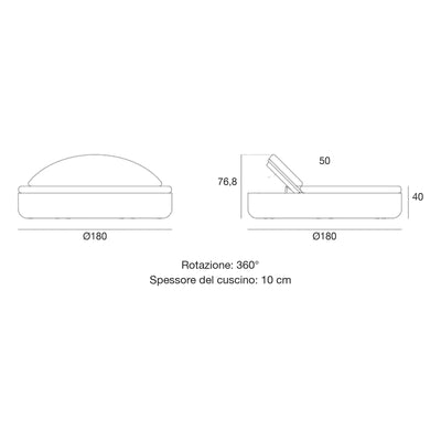 Disegno quotato del daybed ULM Vondom, reclinabile LED