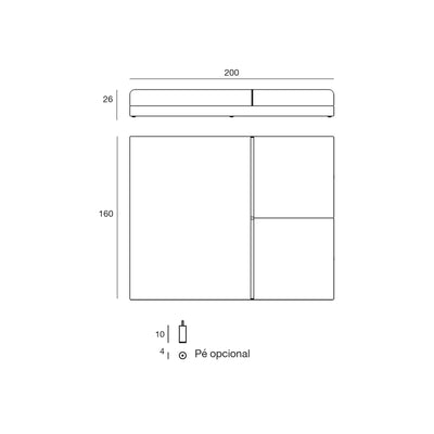 Desenho com medidas da cama de exterior Pixel Vondom, pé opcional