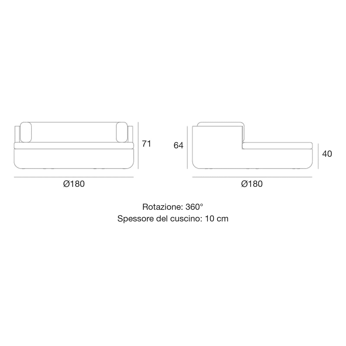 Disegno quotato del daybed ULM Vondom, con schienale LED