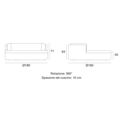 Disegno quotato del daybed ULM Vondom, con schienale