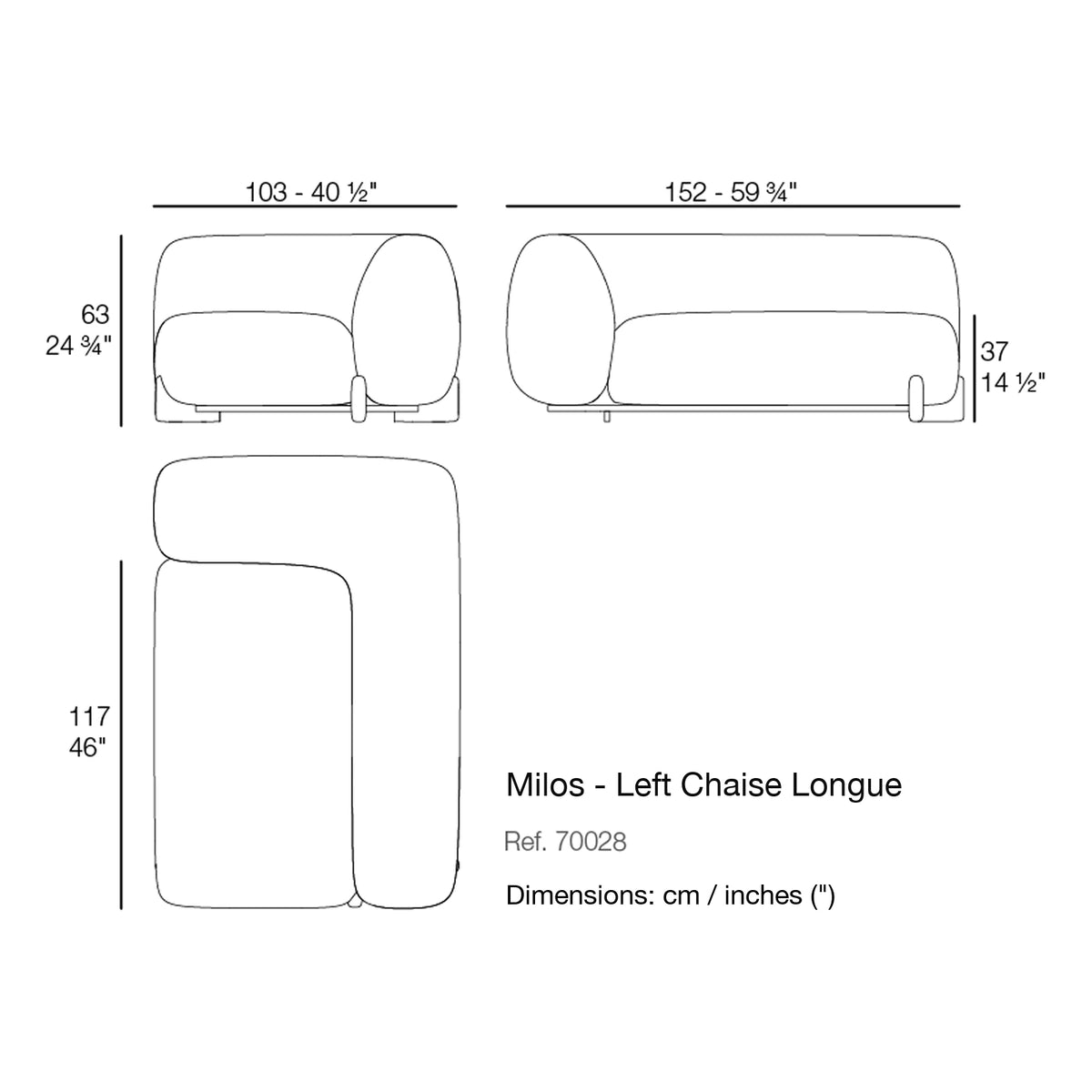 Dimension drawing Milos - Left Chaise Longue