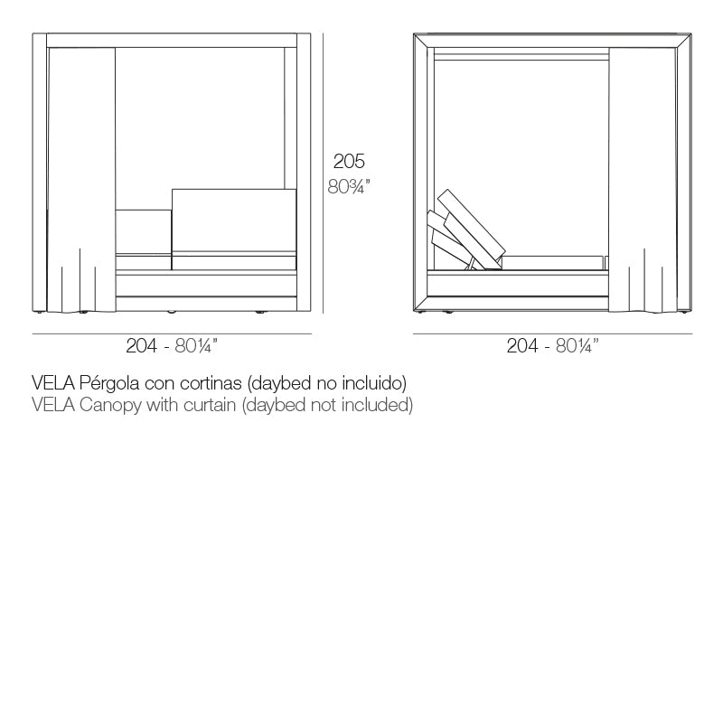 Pergola - Vela avec Rideaux, schéma de dimensions 204x204x205 cm