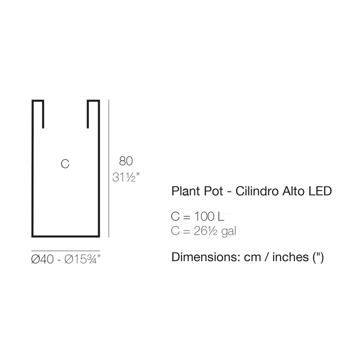 Dimension drawing Plant Pot - Cilindro Alto LED