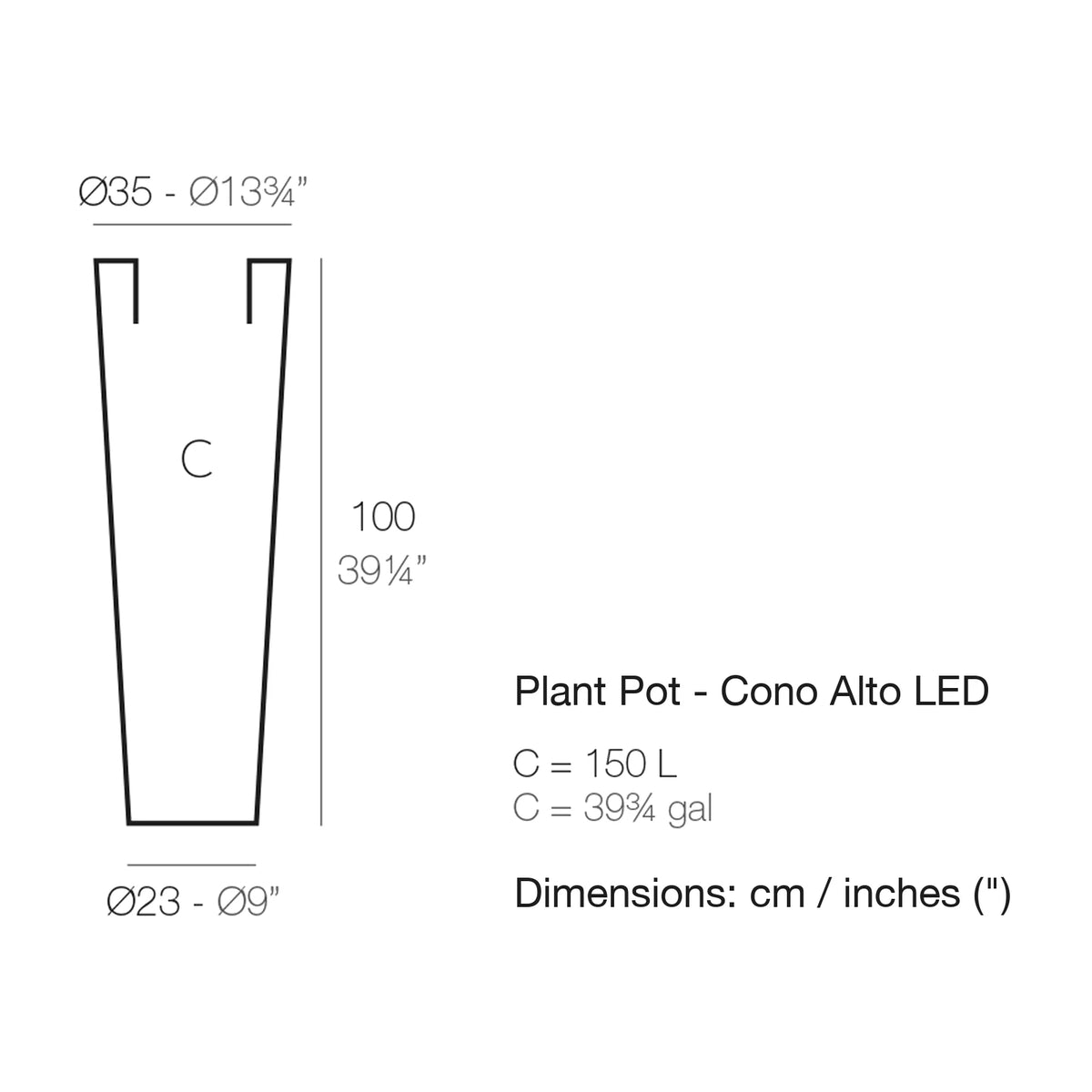 Dimension drawing Plant Pot - Cono Alto LED