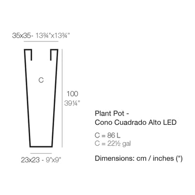 Dimension drawing Plant Pot - Cono Cuadrado Alto LED