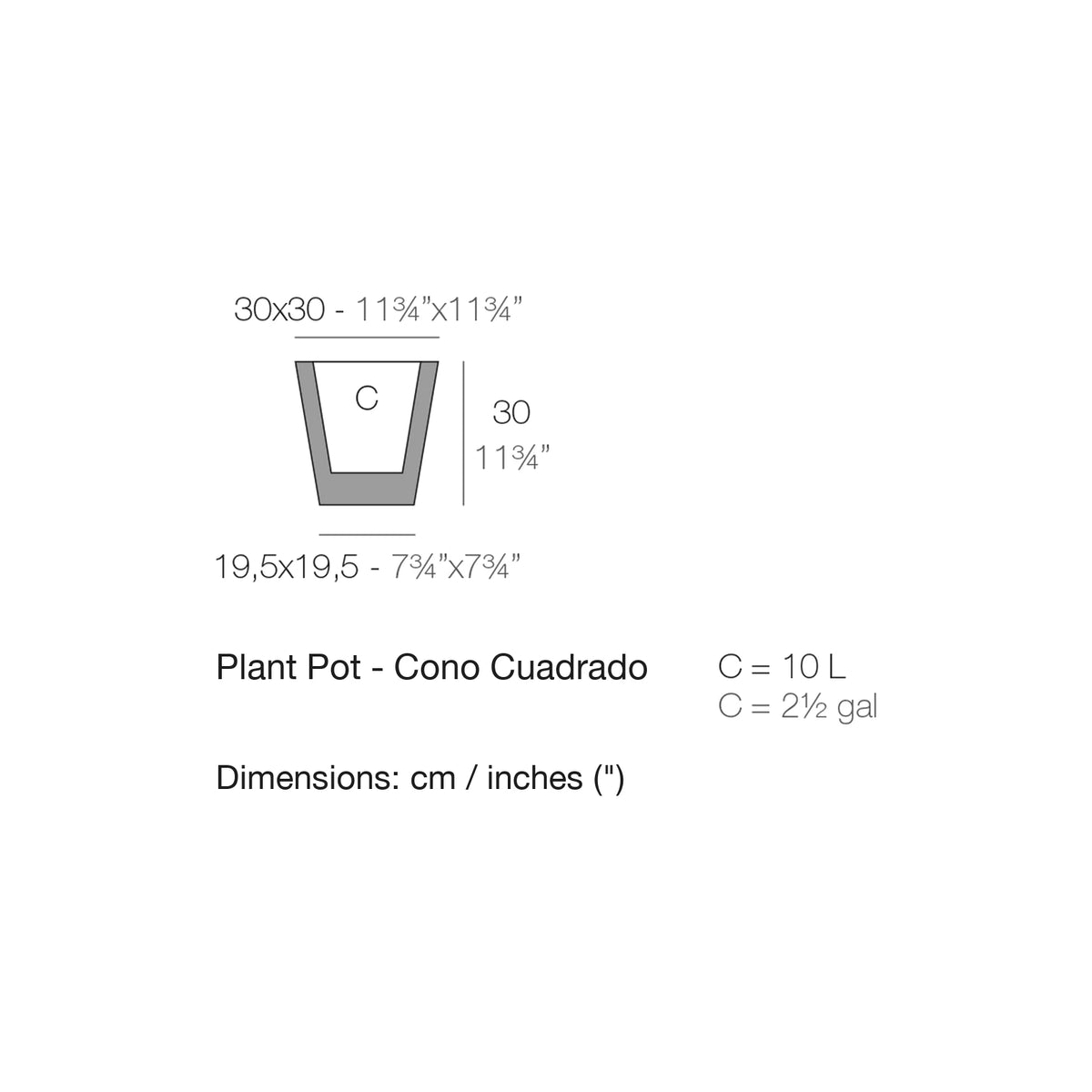 Dimension drawing Plant Pot - Cono Cuadrado